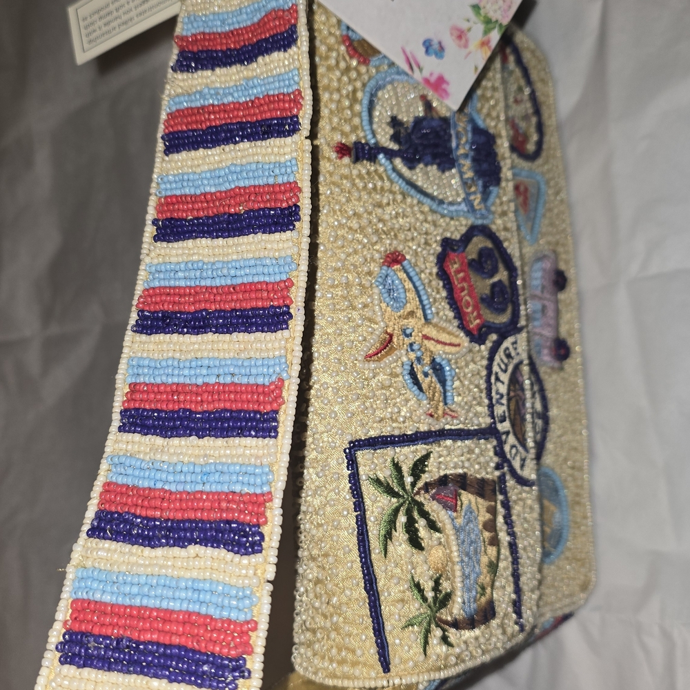 T.J.Maxx Beaded Beige Shoulder Bag with Colorful Travel Patches - Picture 3 of 4